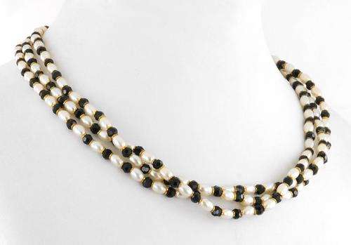 3 Strand Black Crystal and Pearl Gemstone Beaded Necklace